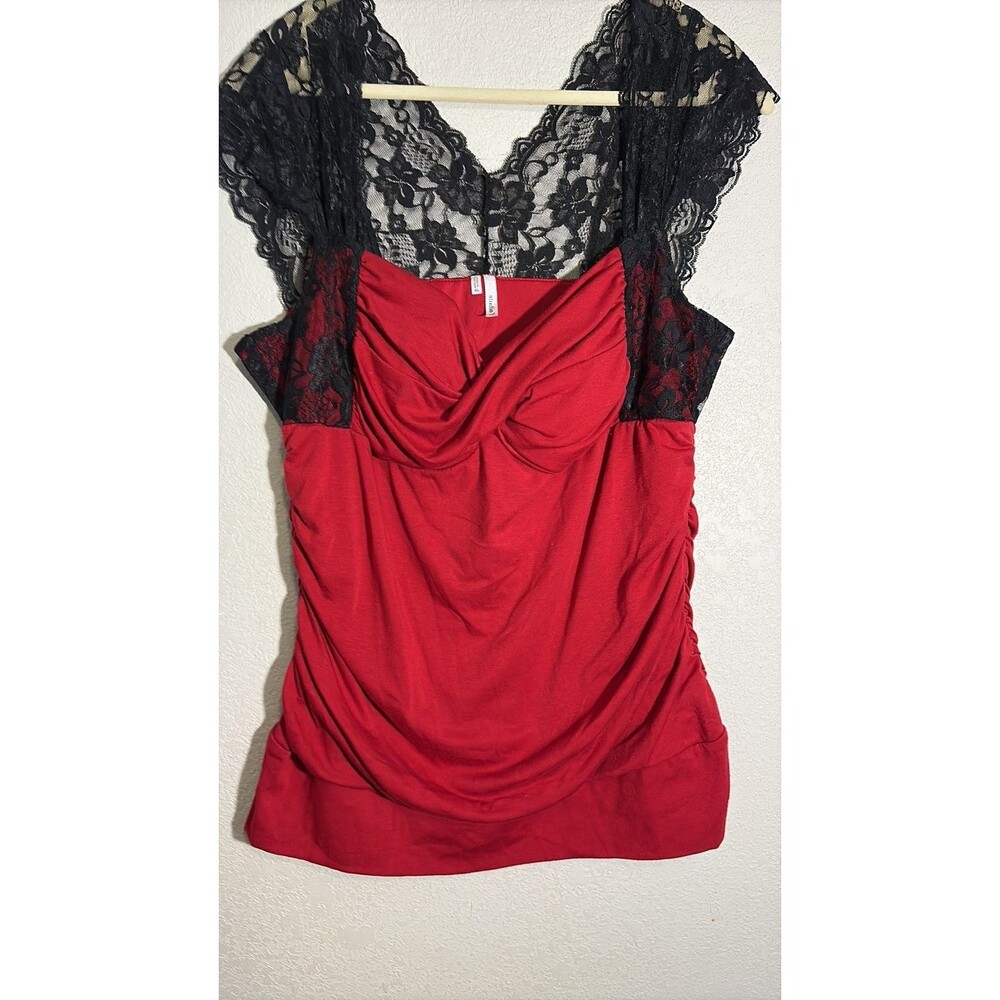 Studio Y Red Ruched Cap Sleeve Top with Black Lace Back XL